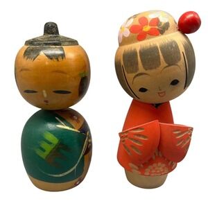 Vintage Japanese Kokeshi Dolls Set Hand Painted Wooden Folk Art  Japan
